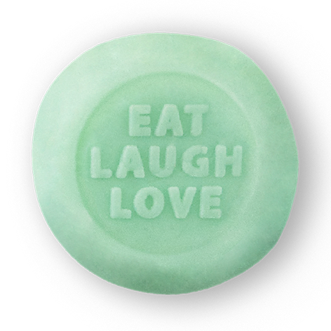 #38 MOCHI GELATO DI PANNA CON FONDENTE TURCHESE & DICITURA “EAT LAUGH LOVE”